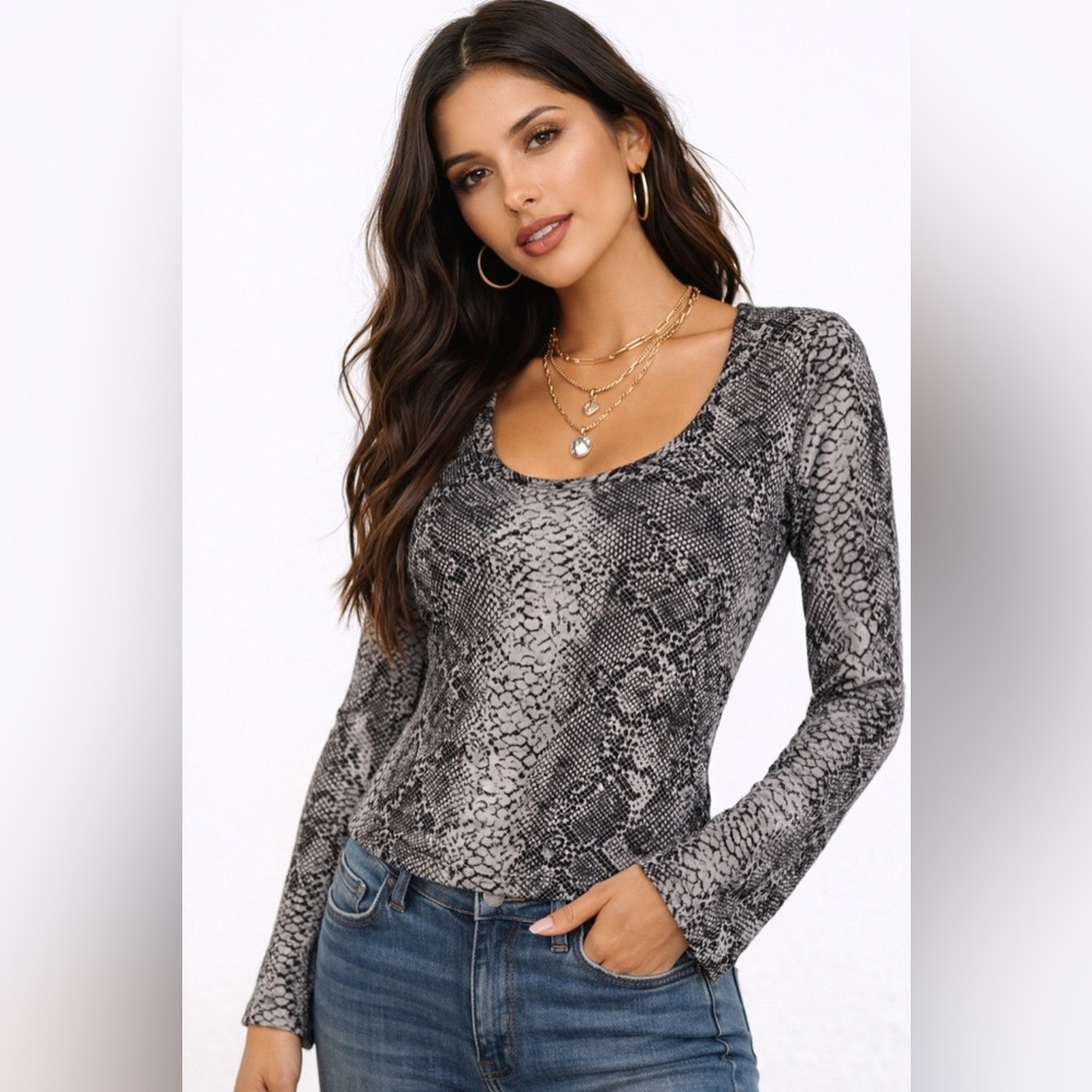 Vintage GUESS Y2K Snakeskin Print Mesh Long Sleeve Top Black Gray Fitted Size S
